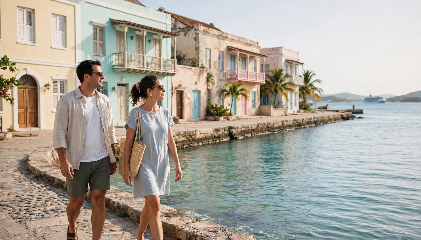 Two vacationers stroll along a colorful waterfront beside calm turquoise water.