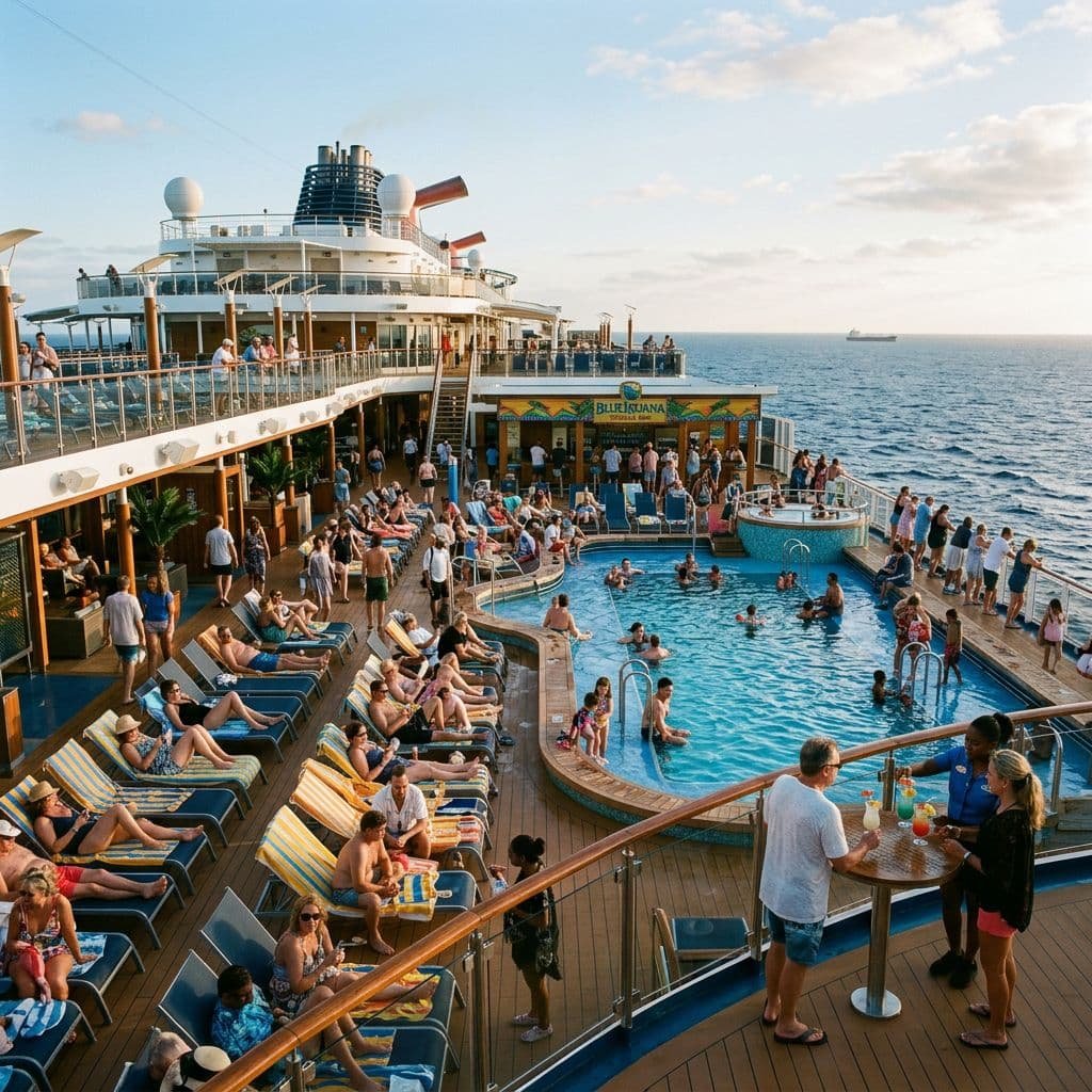 Carnival cruise ship deck with pools and loungers under a bright sky.