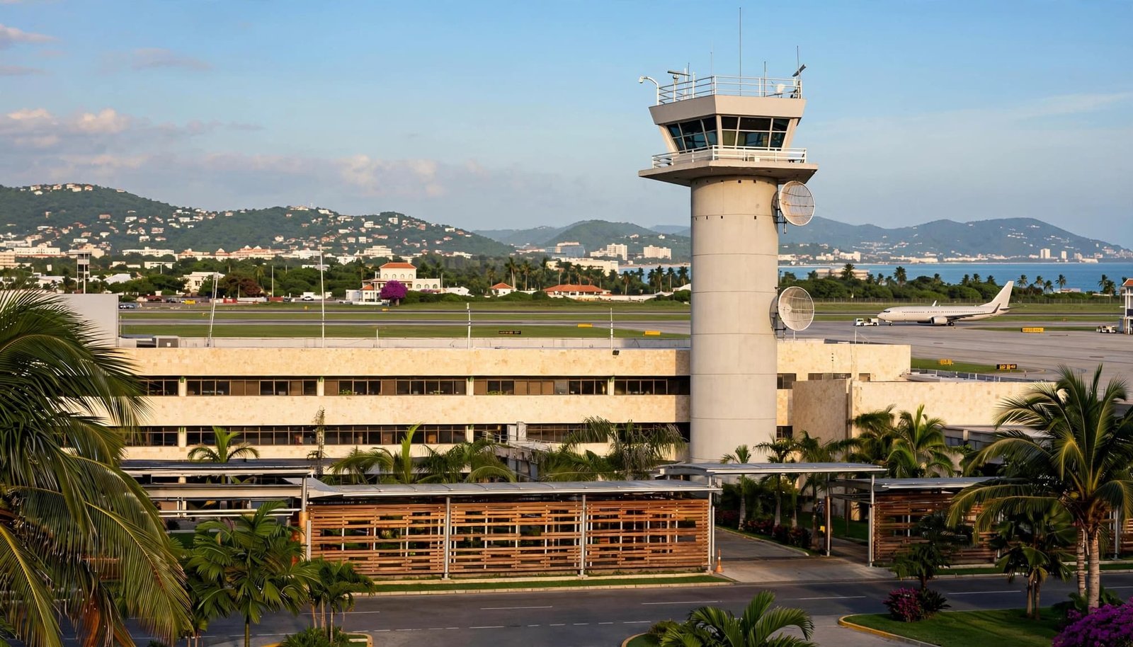A passenger jet sits on the apron near Cartagena airport in warm afternoon light.