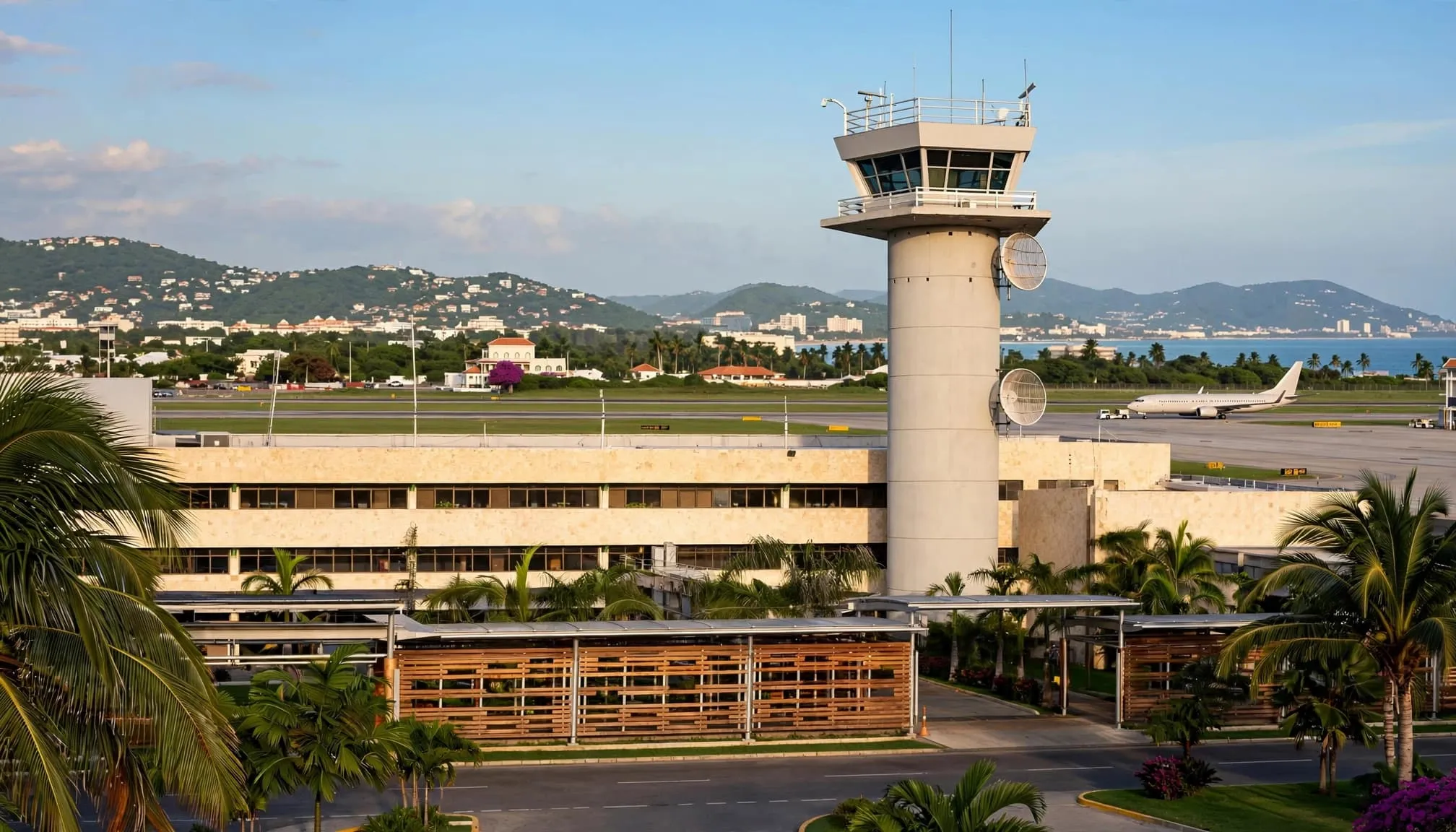 A passenger jet sits on the apron near Cartagena airport in warm afternoon light.