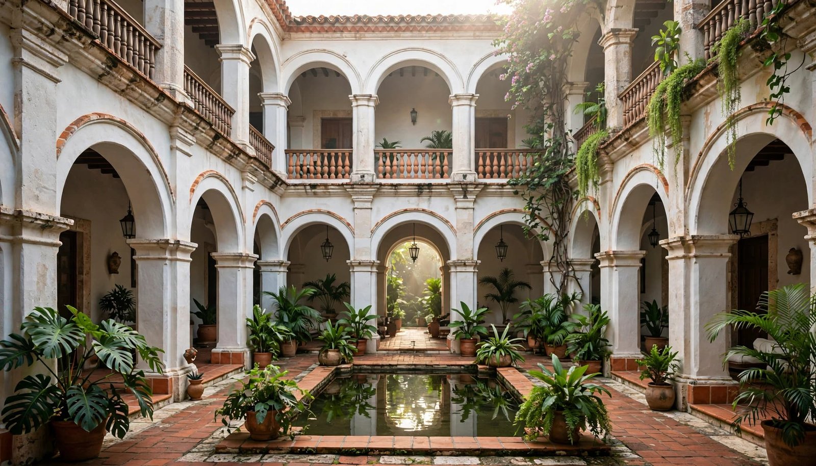 A reflective pool sits among tropical plants and terracotta arcades in a colonial courtyard.