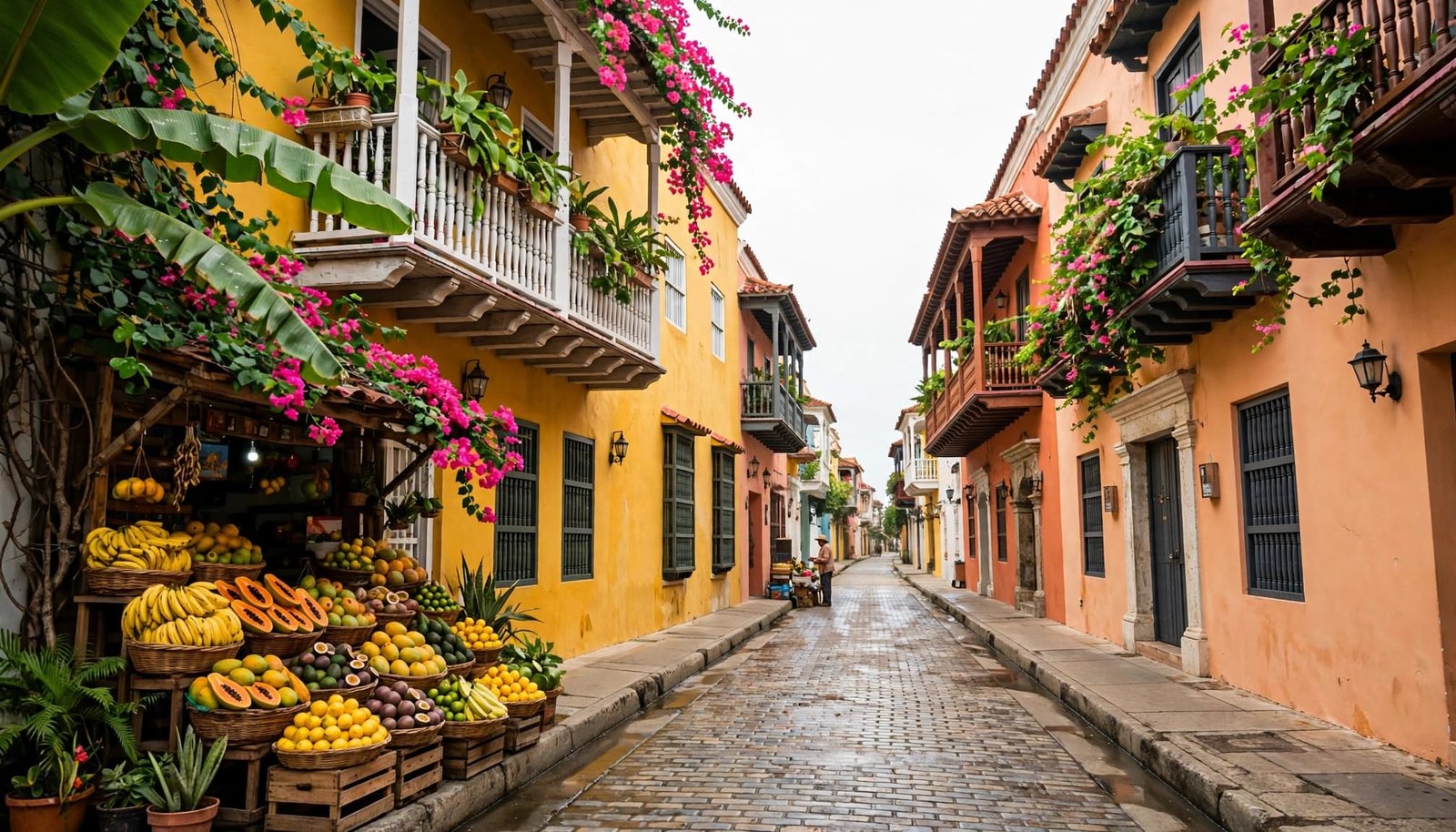 A fruit stand on a cobblestone street between colorful buildings.