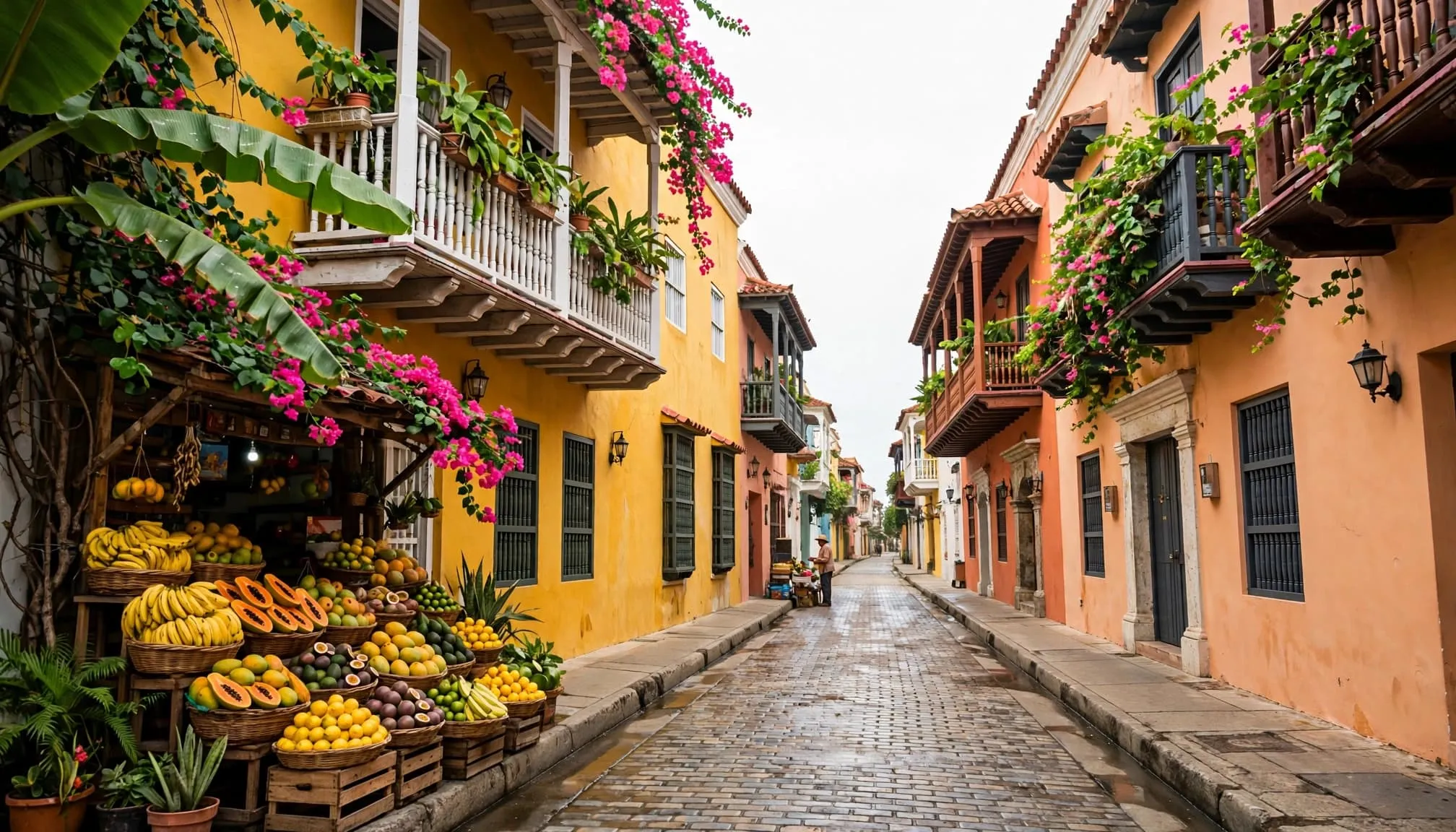 A fruit stand on a cobblestone street between colorful buildings.