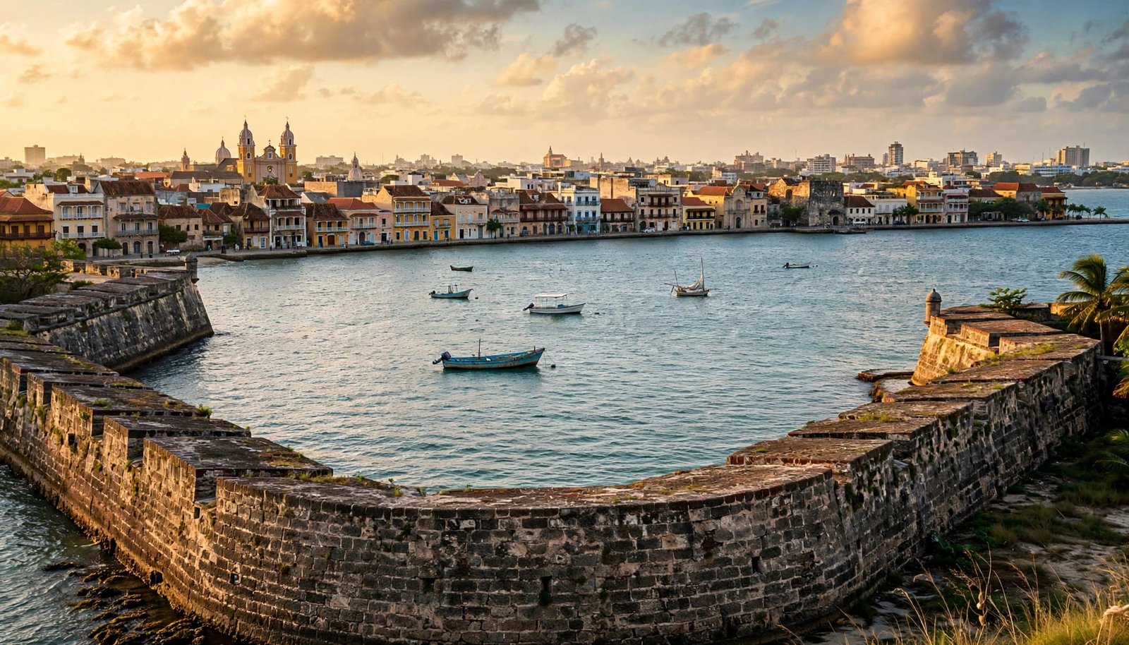 Small boats offshore beneath Cartagena's skyline and historic stone wall.