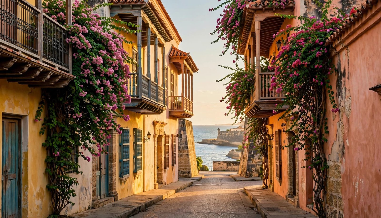 A quiet stone street passes colorful balconies toward a glimpse of the Caribbean.