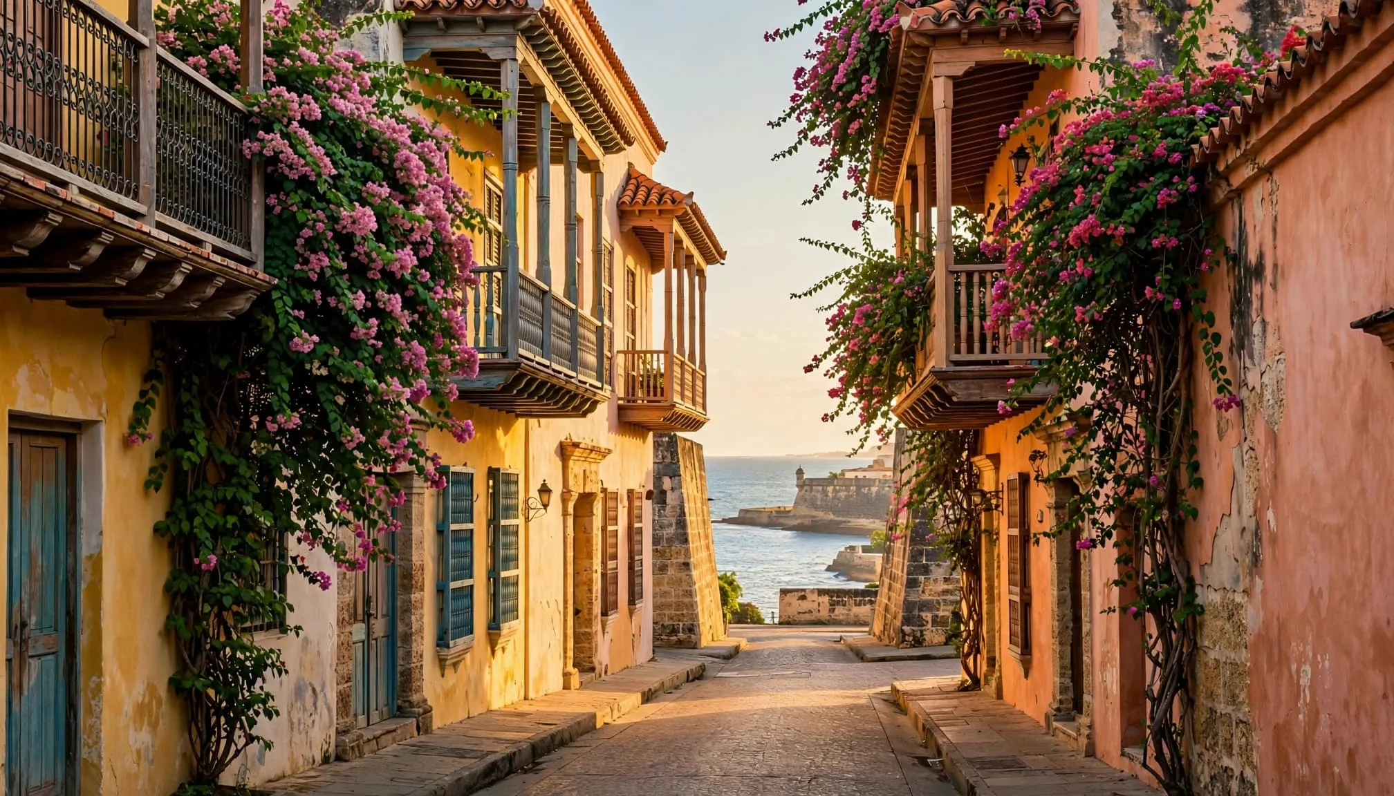 A quiet stone street passes colorful balconies toward a glimpse of the Caribbean.