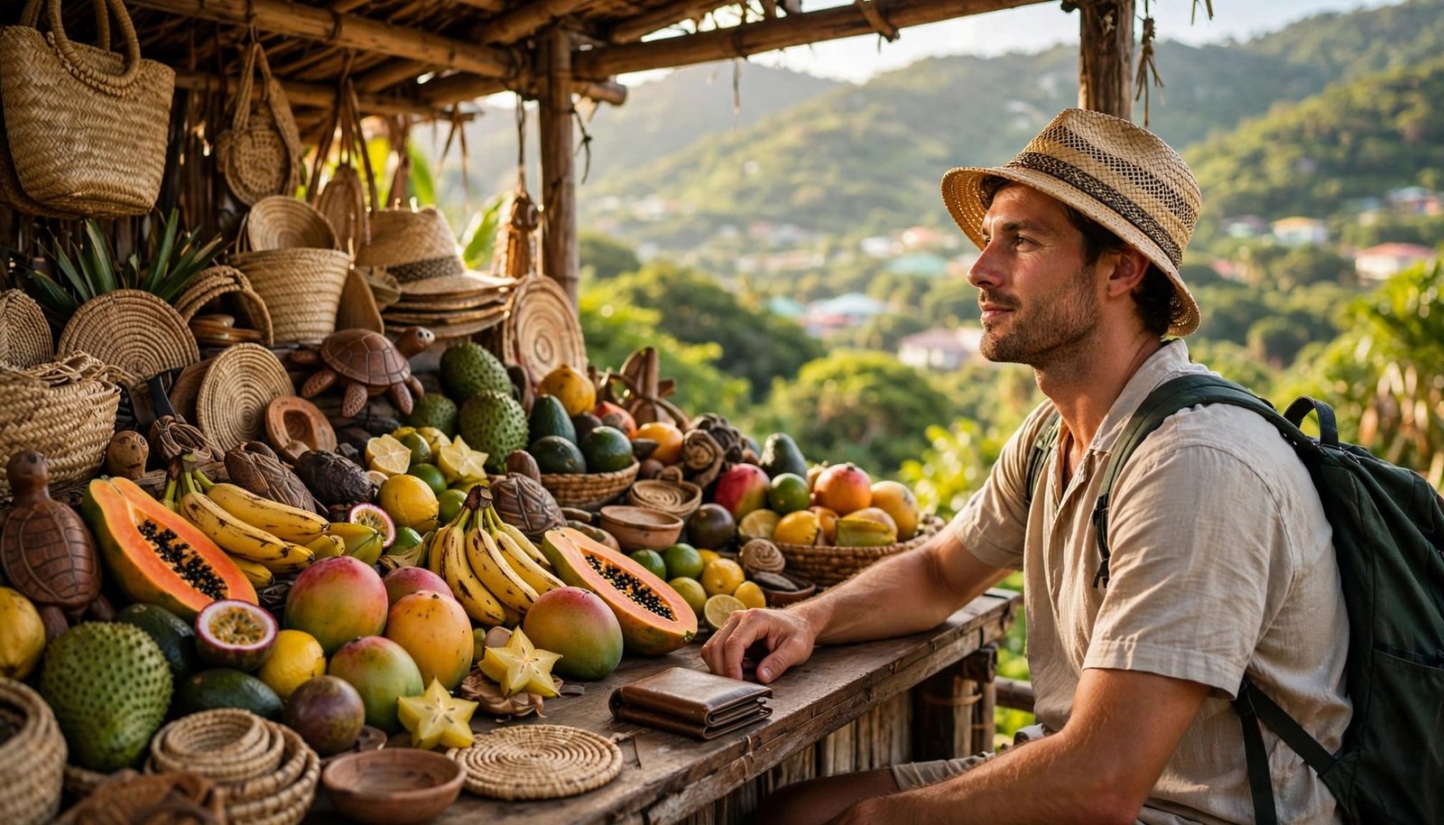 A traveler holds cash at a colorful Castries market stall with fruit and crafts.