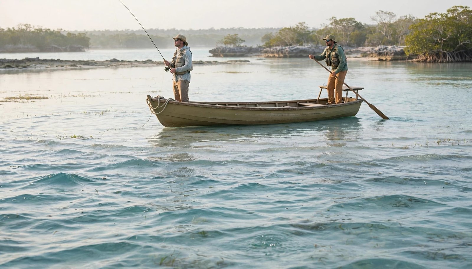A guide poles a skiff as an angler stands in turquoise shallows.