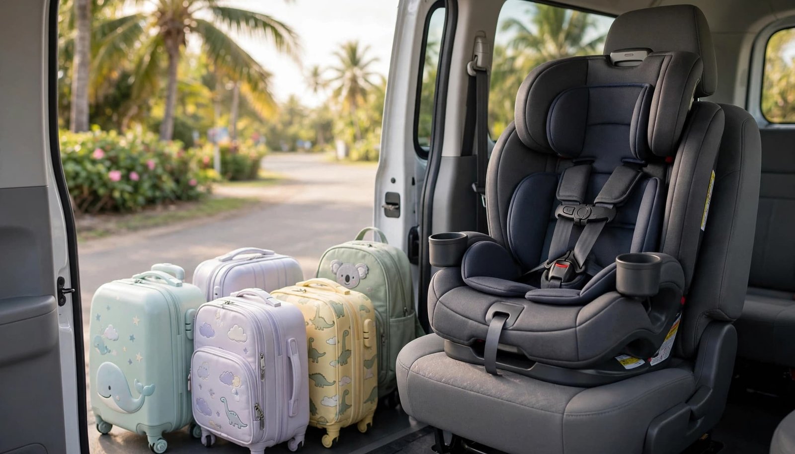 An empty child seat and luggage inside a clean vehicle near palm trees.