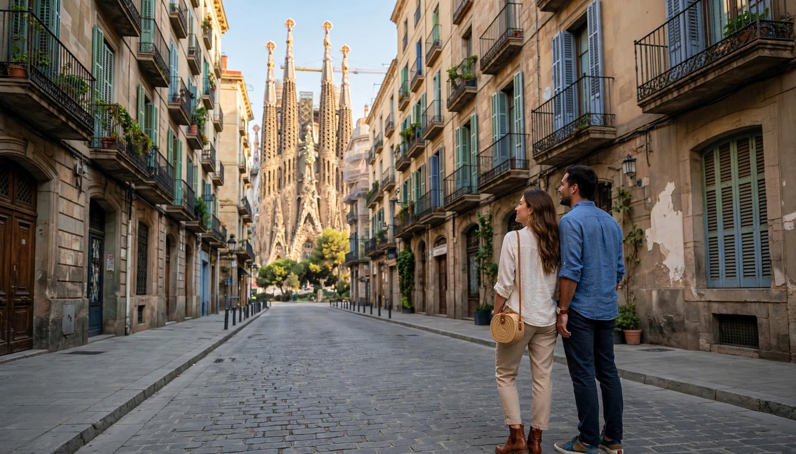 A couple gazes at the Sagrada Familia from a quiet Barcelona street.