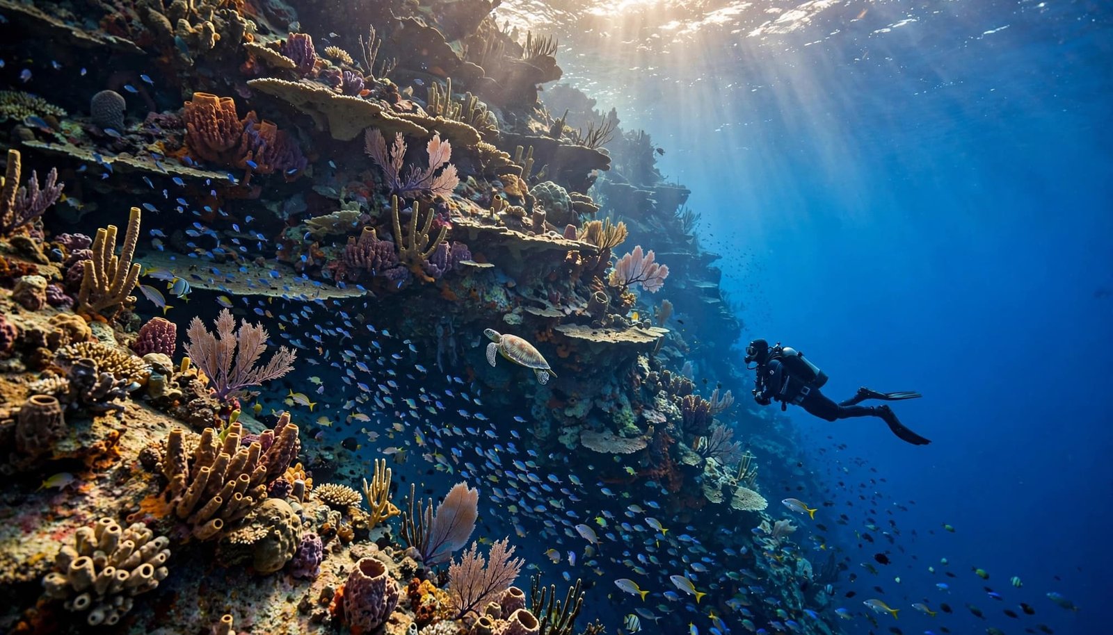 A diver explores Cozumel's coral wall beside a turtle and tropical fish.