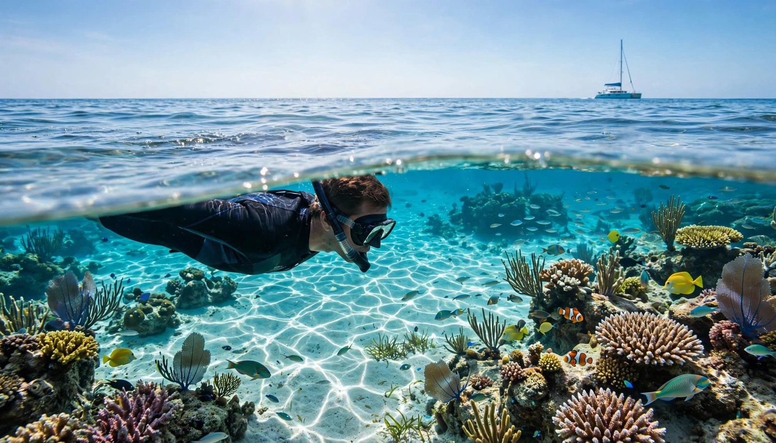 A lone snorkeler glides above colorful coral and fish in clear Caribbean water.