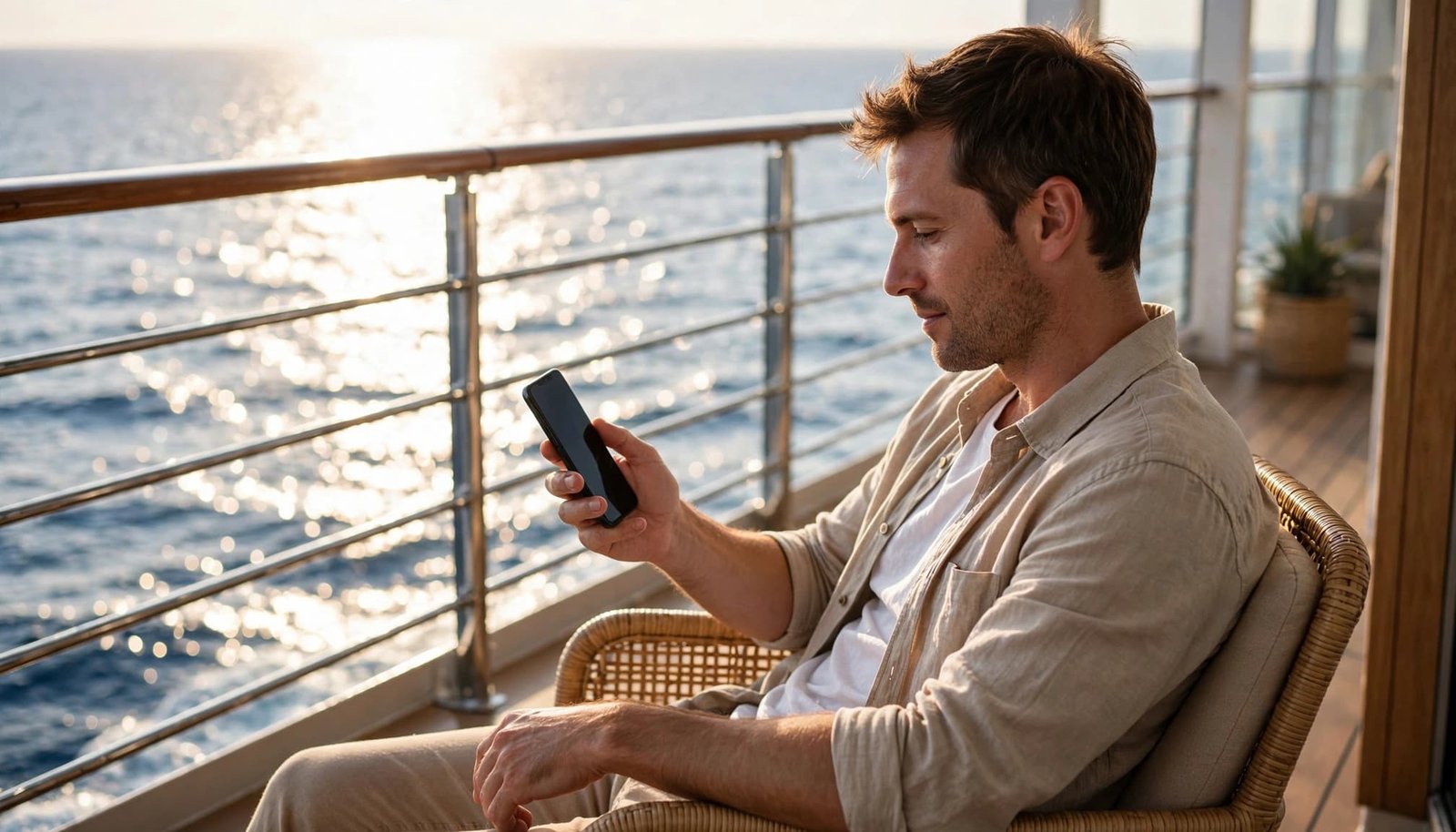 Traveler checks a beverage menu on a phone beside a cruise ship railing.