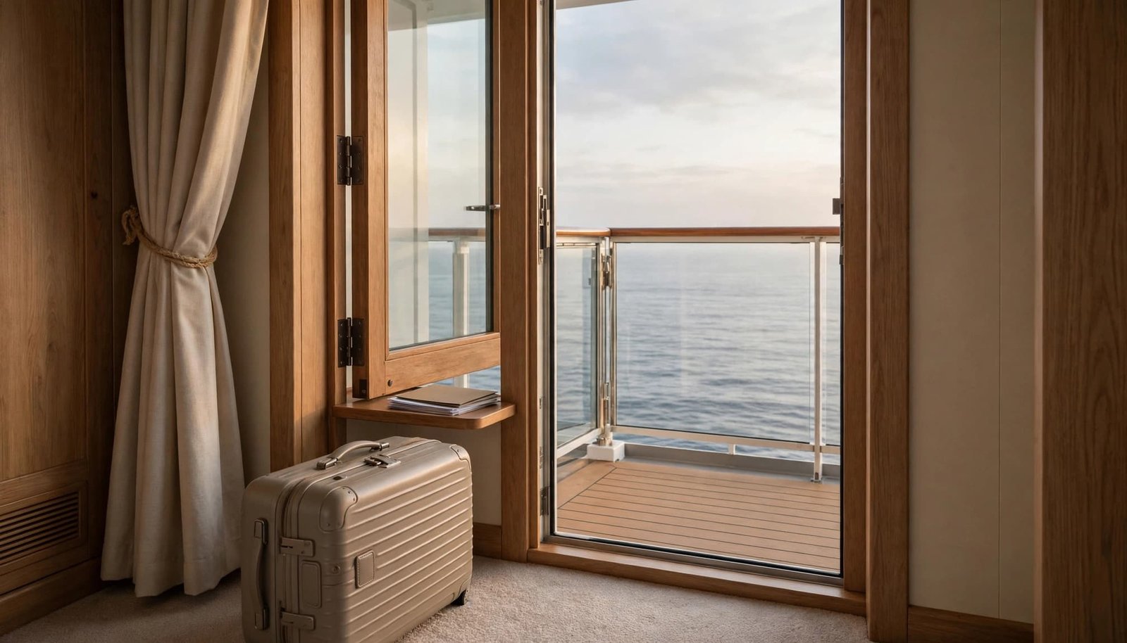 Cruise cabin balcony with a suitcase, face-down documents, and ocean beyond.