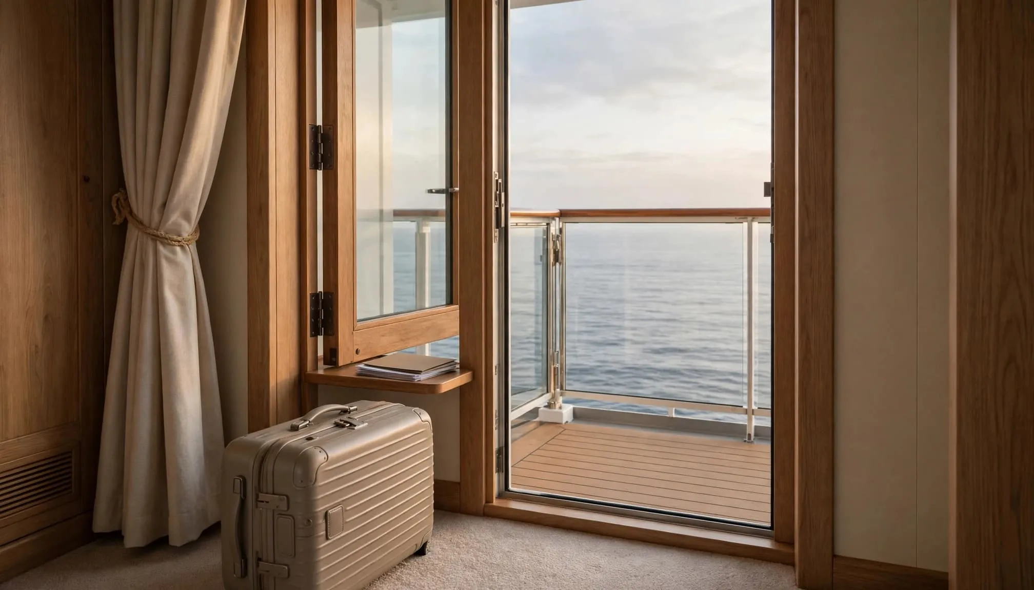 Cruise cabin balcony with a suitcase, face-down documents, and ocean beyond.