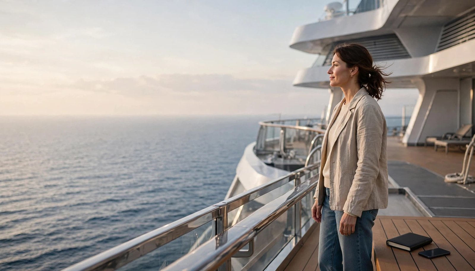 A traveler stands on a cruise deck overlooking the ocean with a notebook and phone nearby.