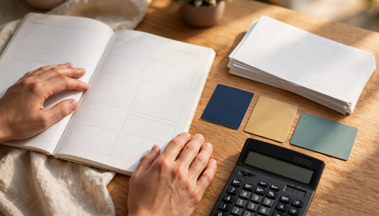Hands beside a cruise itinerary, loyalty cards, calculator, and fare notes on a sunny table.