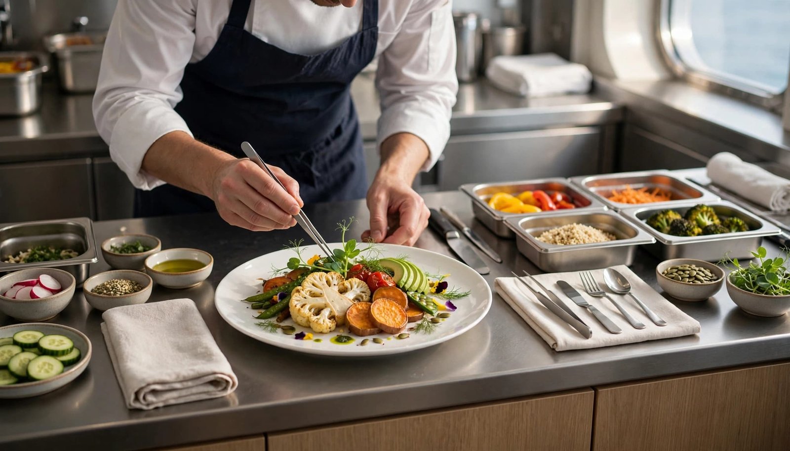 Chef plating a gluten-free meal beside separate utensils on a clean galley counter.