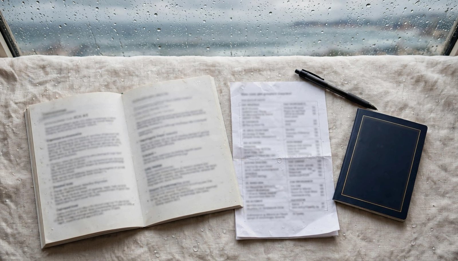 A travel policy, cruise itinerary, passport, and pen rest beside a rain-speckled window.