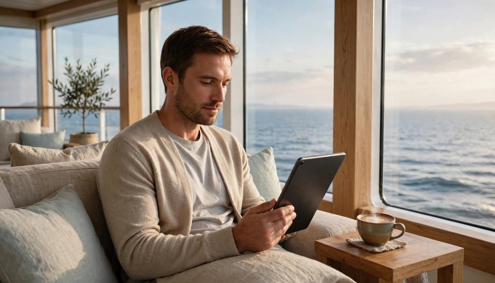 A traveler checks a tablet beside coffee and ocean-view windows on a cruise ship.