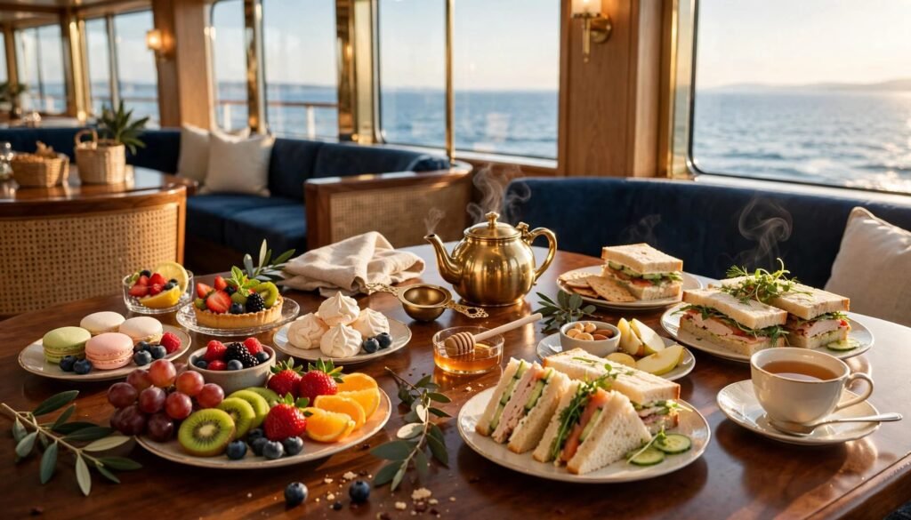 Gluten-free tea service with pastries, sandwiches, fruit, and ocean views in a cruise lounge.