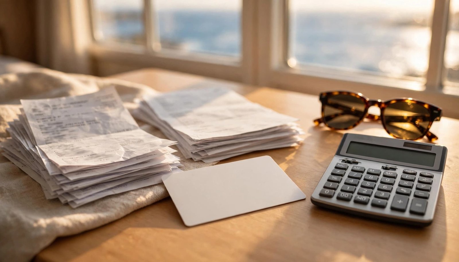 Travel papers, a blank card, calculator, and sunglasses sit on a bright cabin table by the sea.
