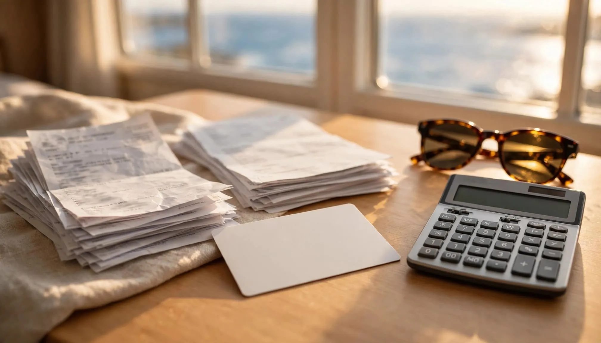 Travel papers, a blank card, calculator, and sunglasses sit on a bright cabin table by the sea.