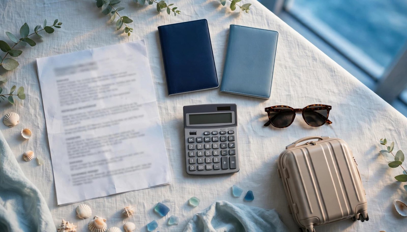 Cruise planning items, passports, calculator, sunglasses, and a suitcase on a bright table.