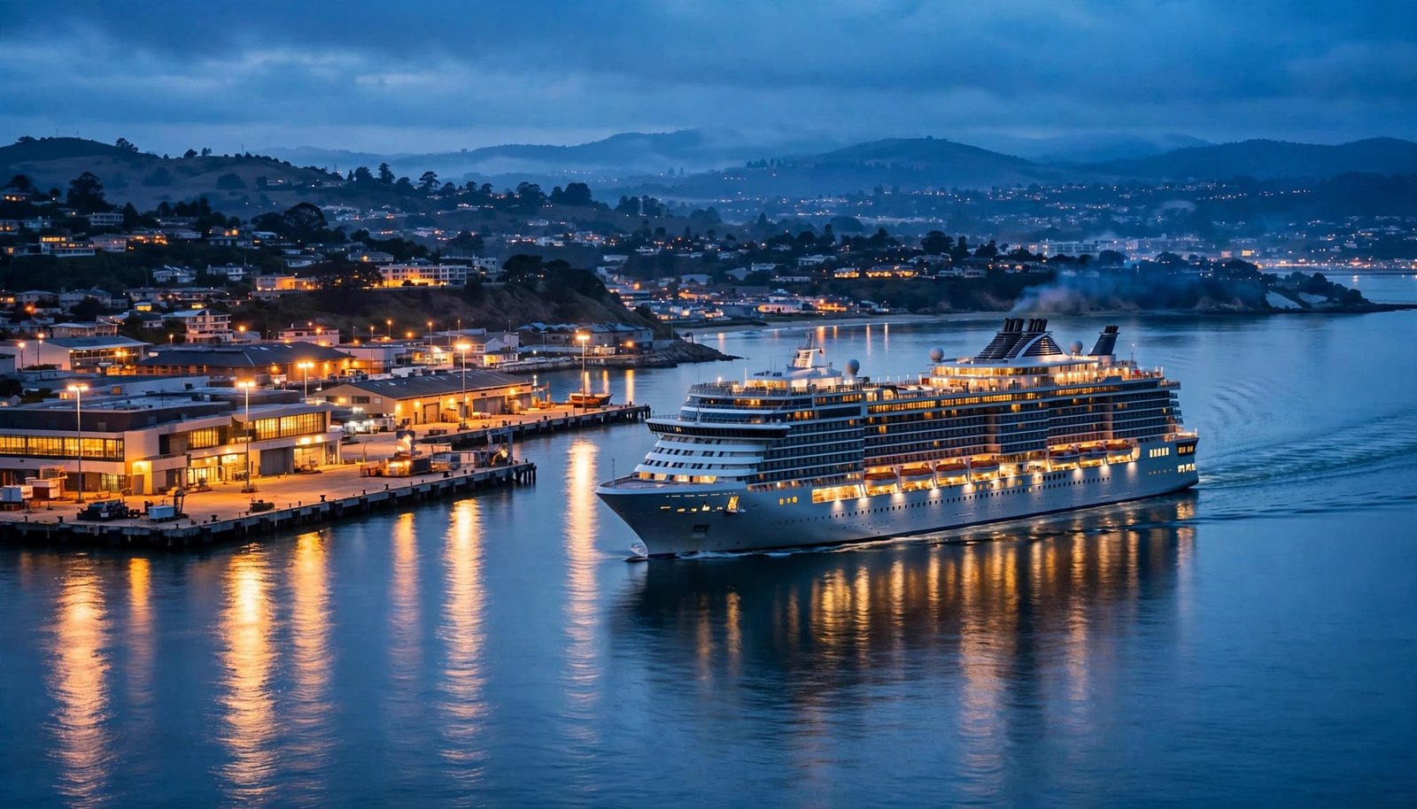 A cruise ship passes a coastal port at blue hour with lights reflected on calm water.