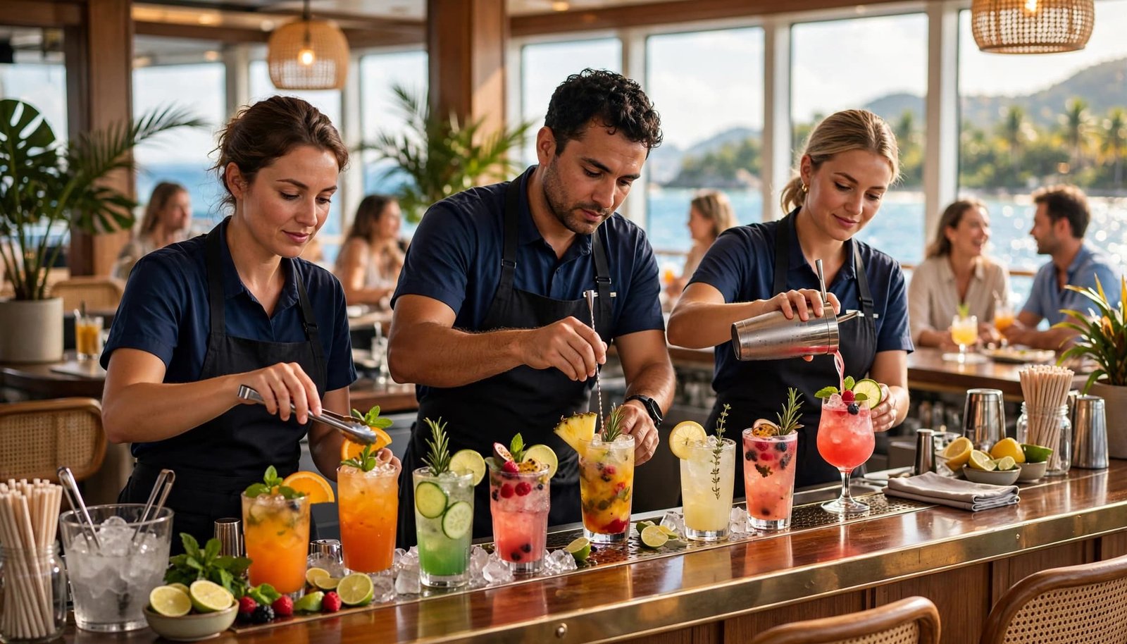 Three bartenders serve colorful mocktails at a cruise ship bar overlooking the ocean.