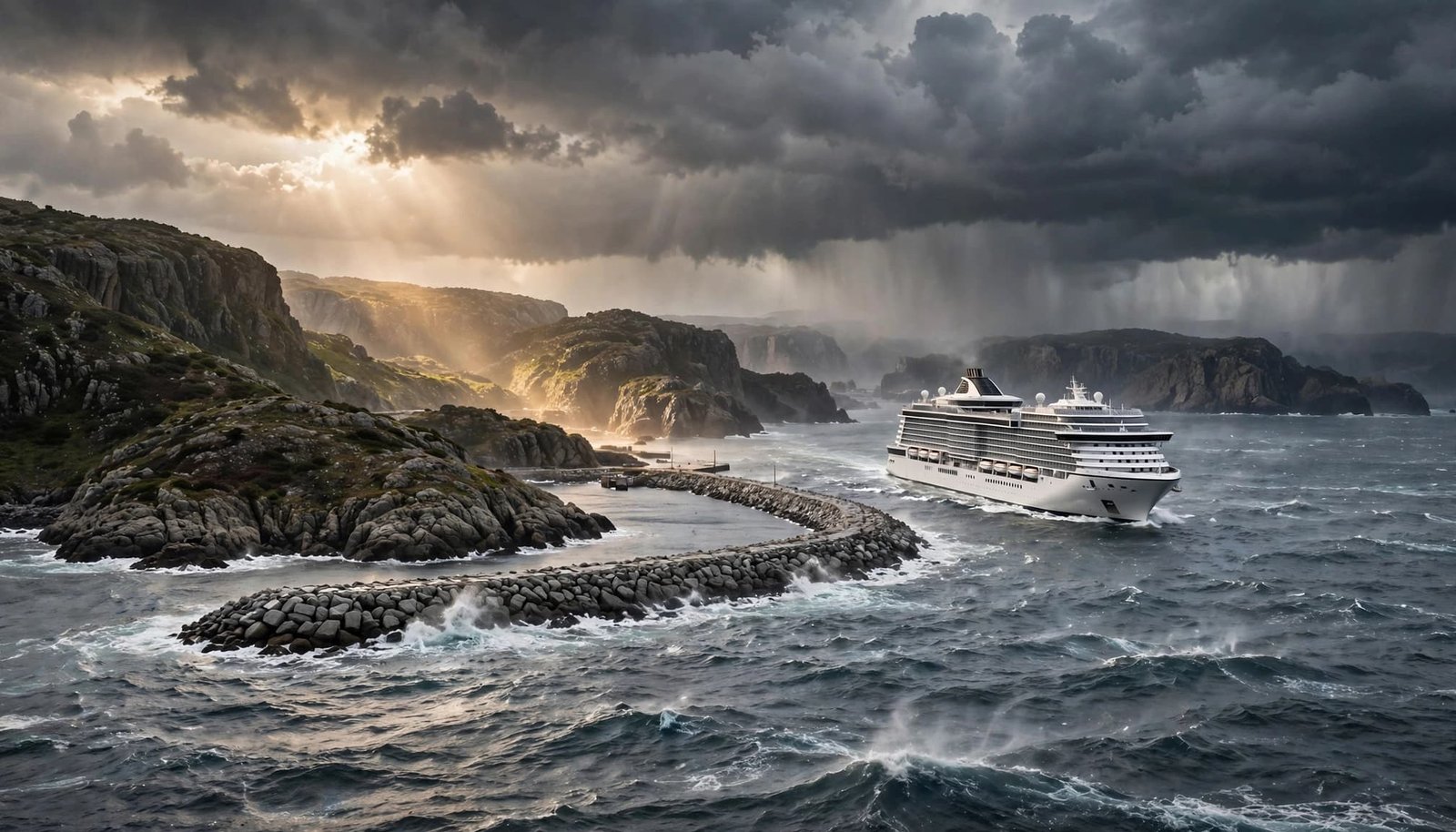 A cruise ship nears an island harbor in rough seas beneath dark clouds.