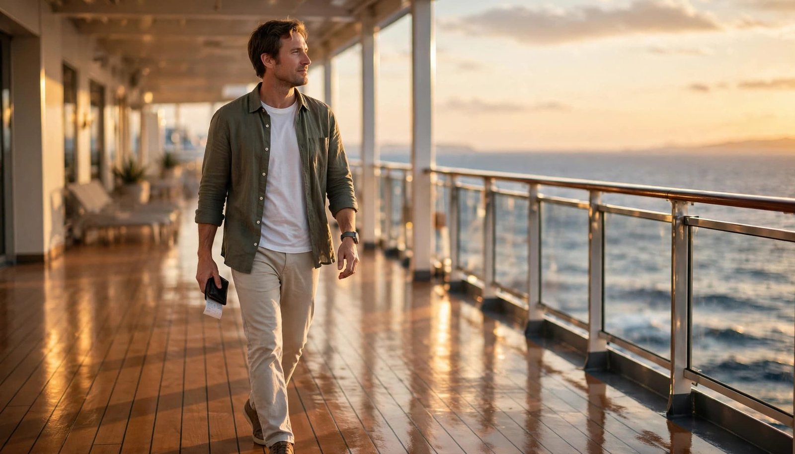 A cruiser walks on a ship promenade with a wallet and folded receipt near the ocean.