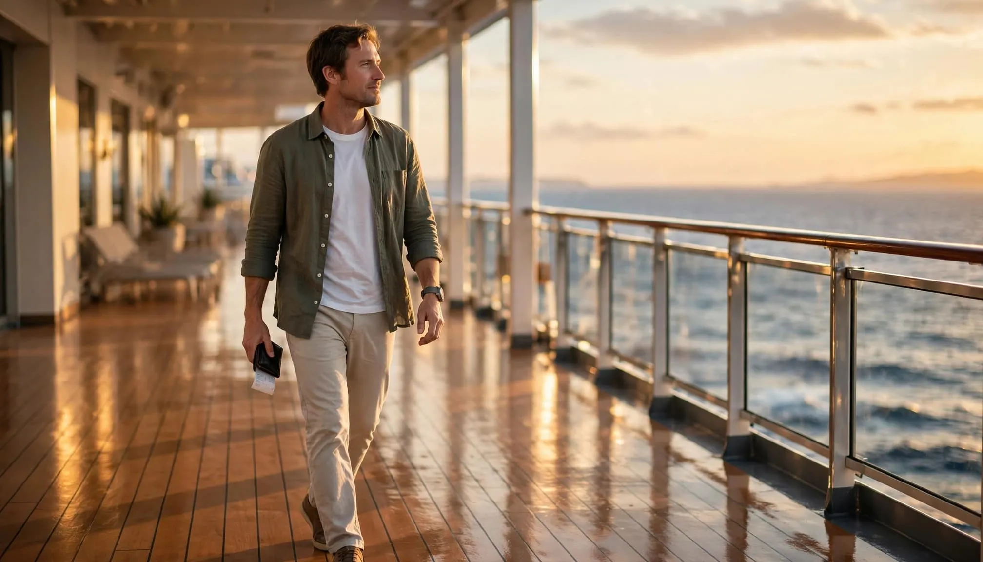 A cruiser walks on a ship promenade with a wallet and folded receipt near the ocean.