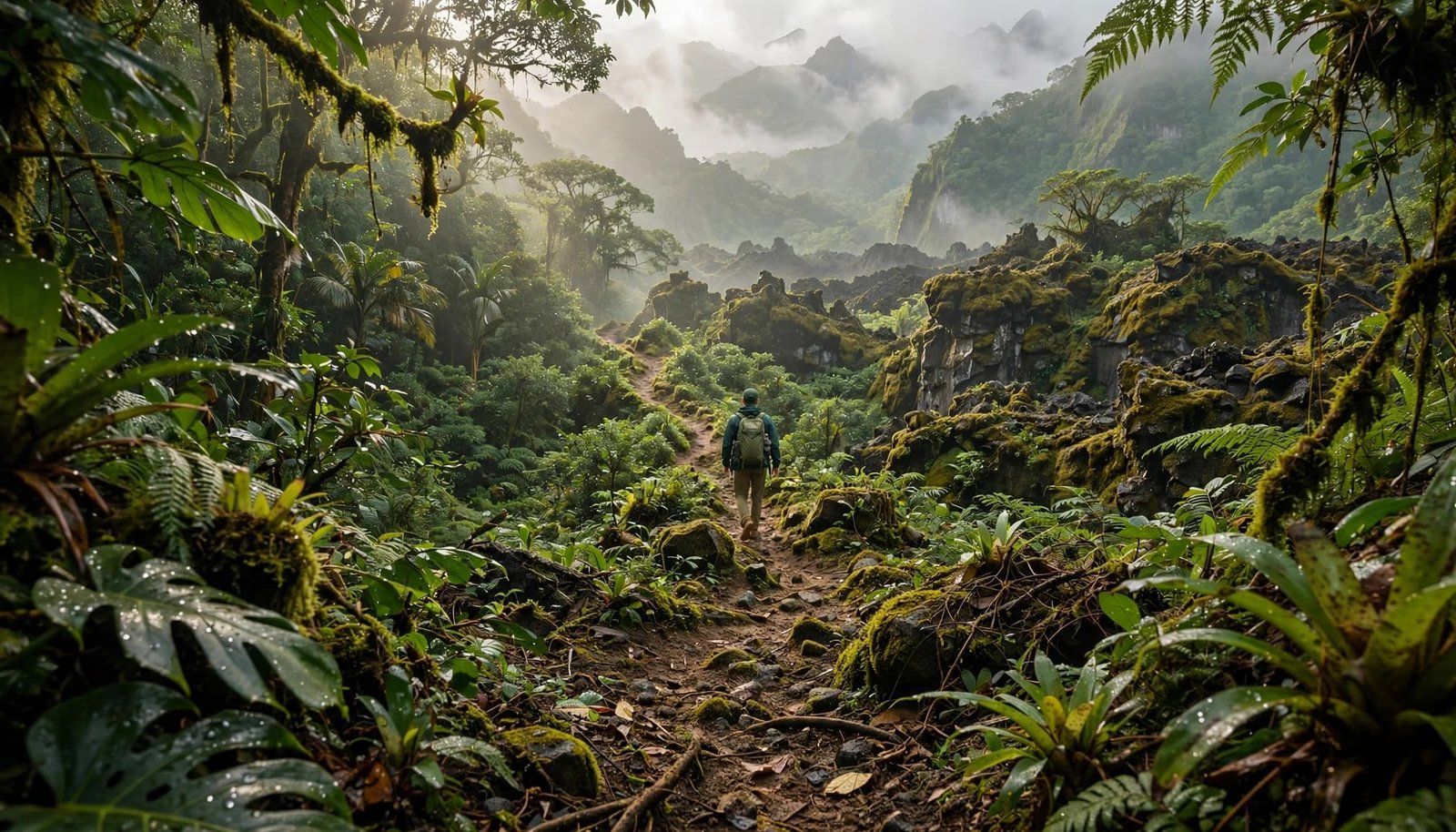 A lone hiker walks along a rainforest trail beside mossy volcanic rocks.