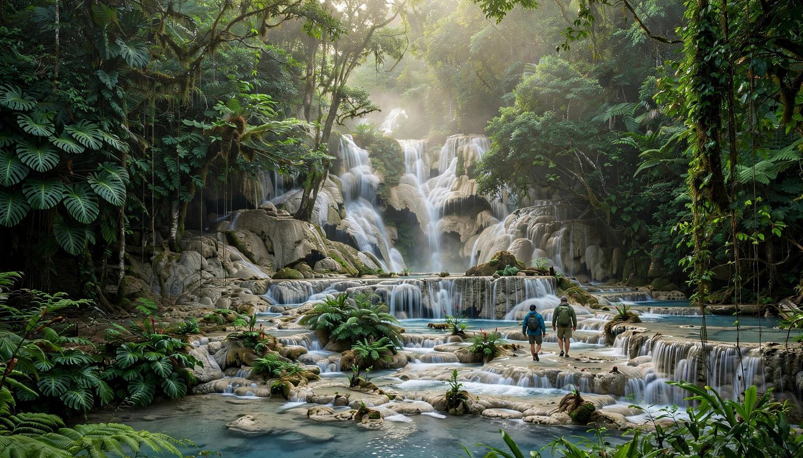 Two adults walk through shallow pools below Dunn's River Falls in a lush rainforest.
