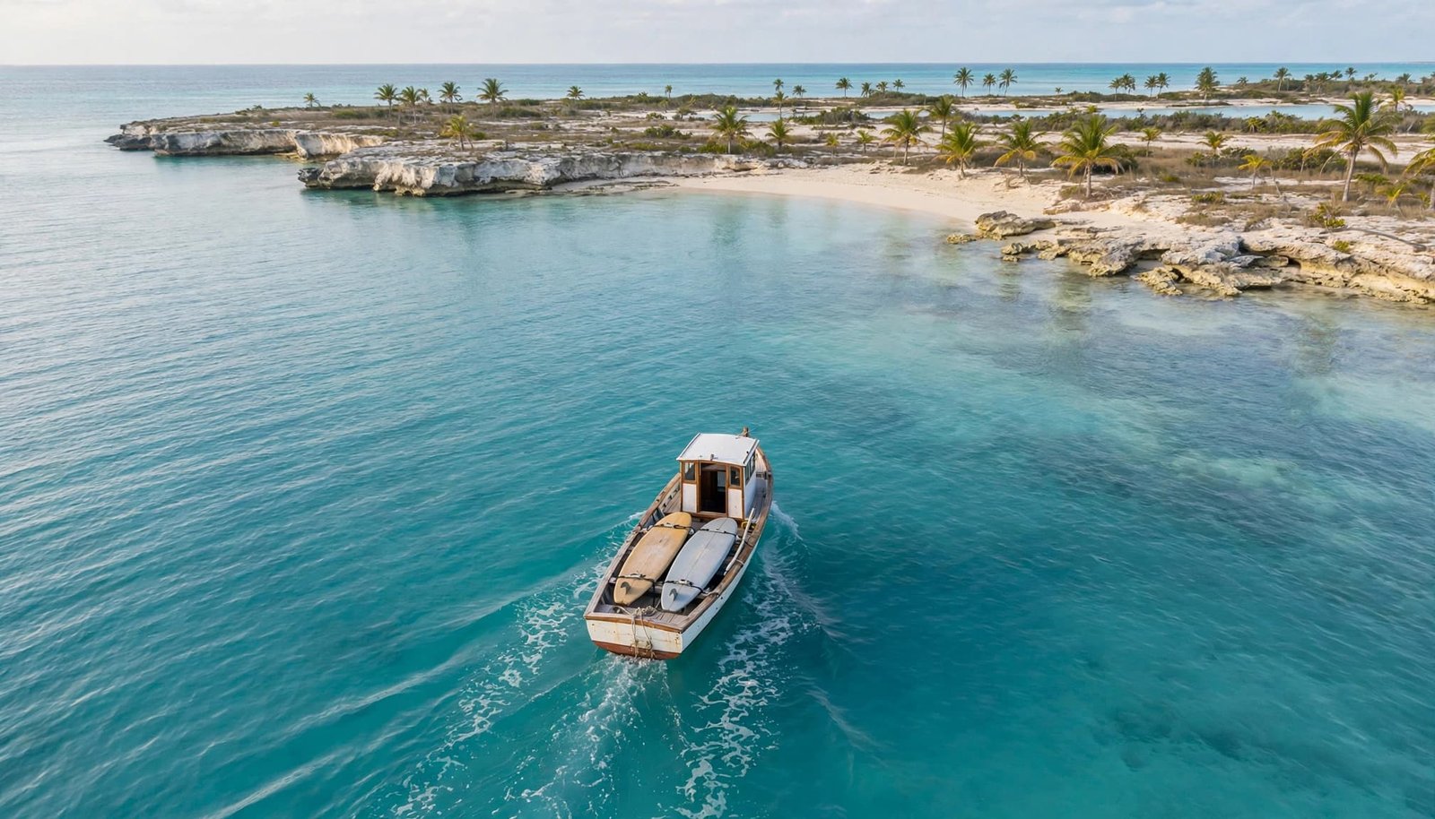 A small boat with two surfboards heads toward a palm-lined island beach.