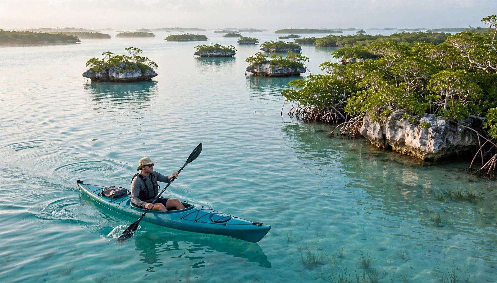 A kayaker paddles through turquoise water beside limestone islands in the Bahamas.