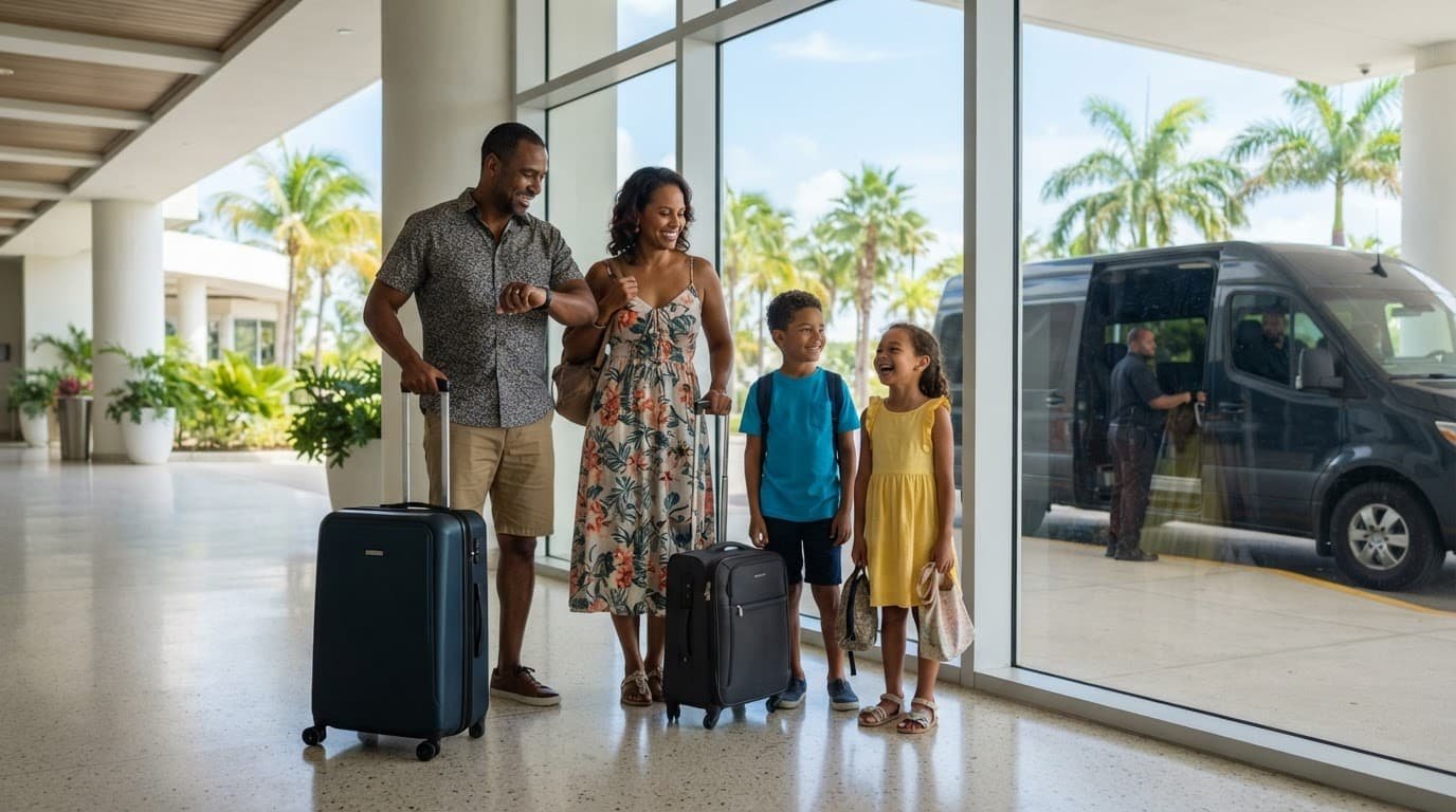 A family of four with luggage beside an airport window and waiting transfer vehicle.