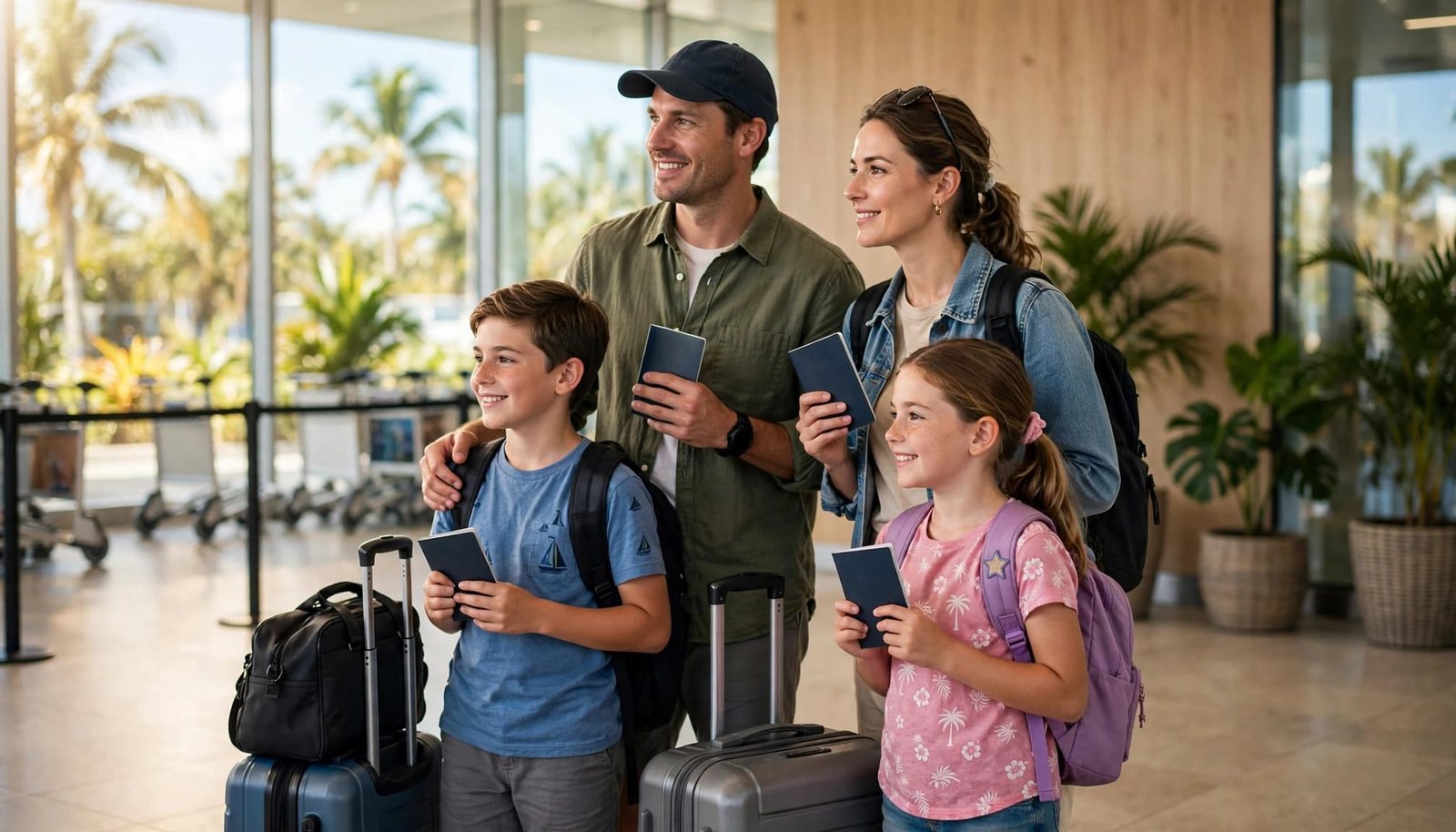A family of four with passports and carry-on bags in a bright airport hall.