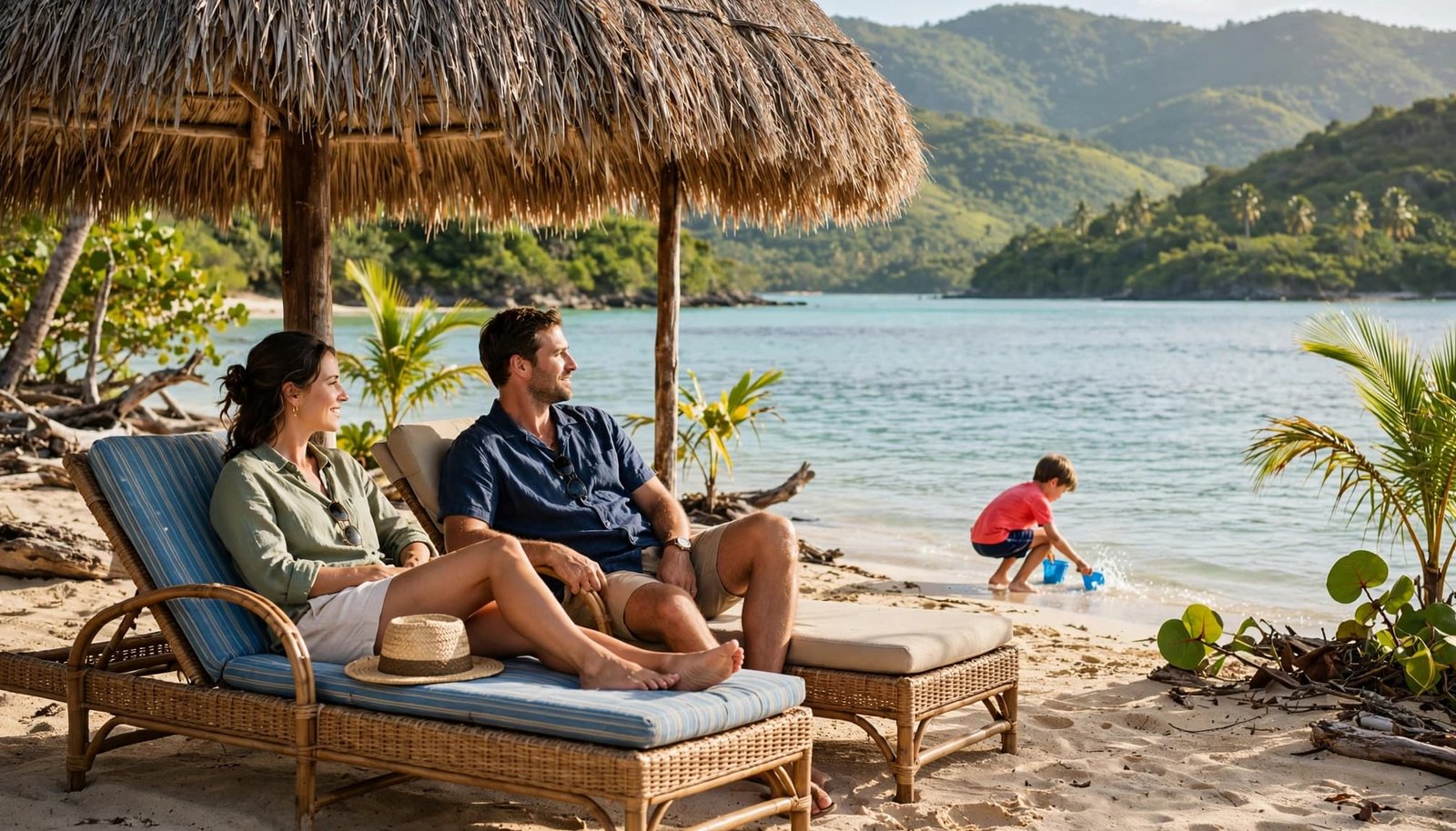 Two adults sit beneath a beach palapa as a child plays by the turquoise sea.