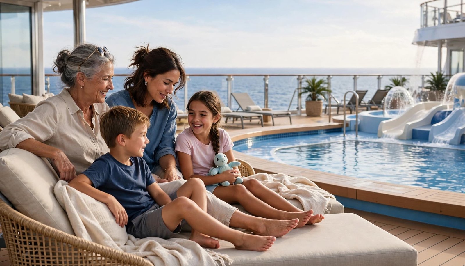 A family of four relaxing beside a pool on a cruise ship deck.