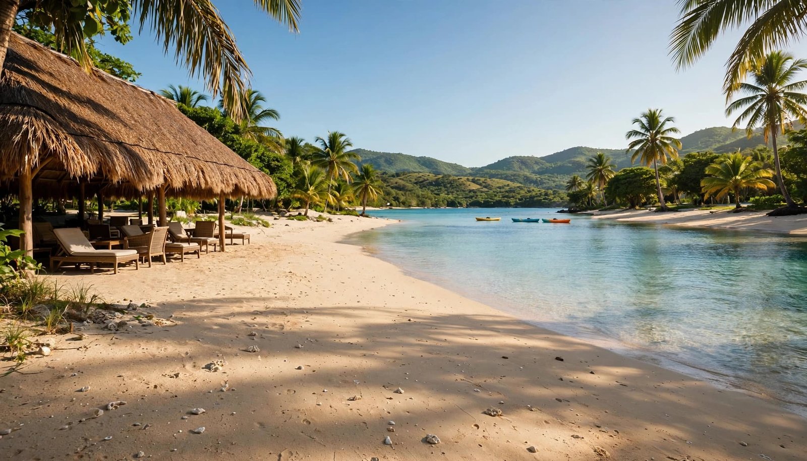 A quiet Caribbean beach with palapas, turquoise water, kayaks, palms, and green hills.