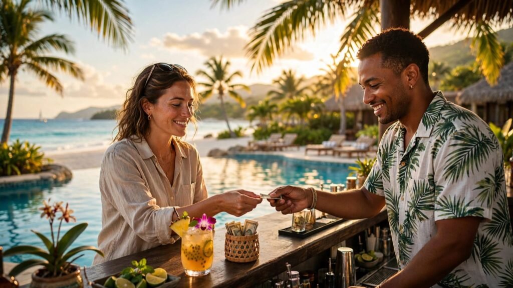 Bartender accepting a cash tip at a Caribbean resort pool bar.