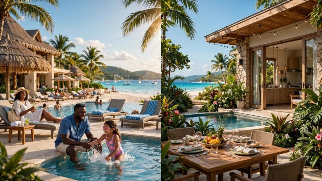 A resort and private villa shown side by side on a sunny Caribbean beach.