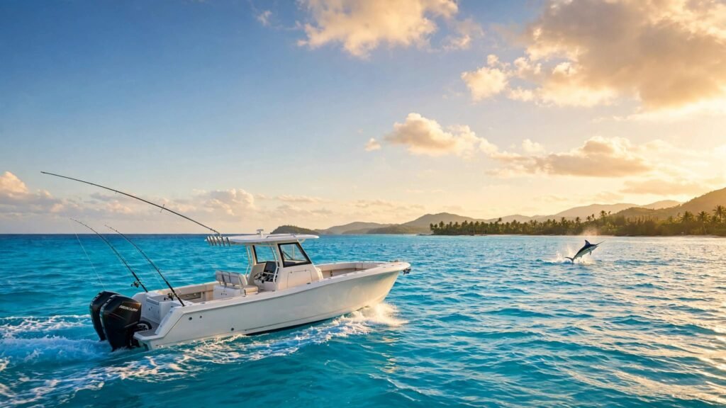 A fishing boat crosses turquoise water as a marlin surfaces near a green island.
