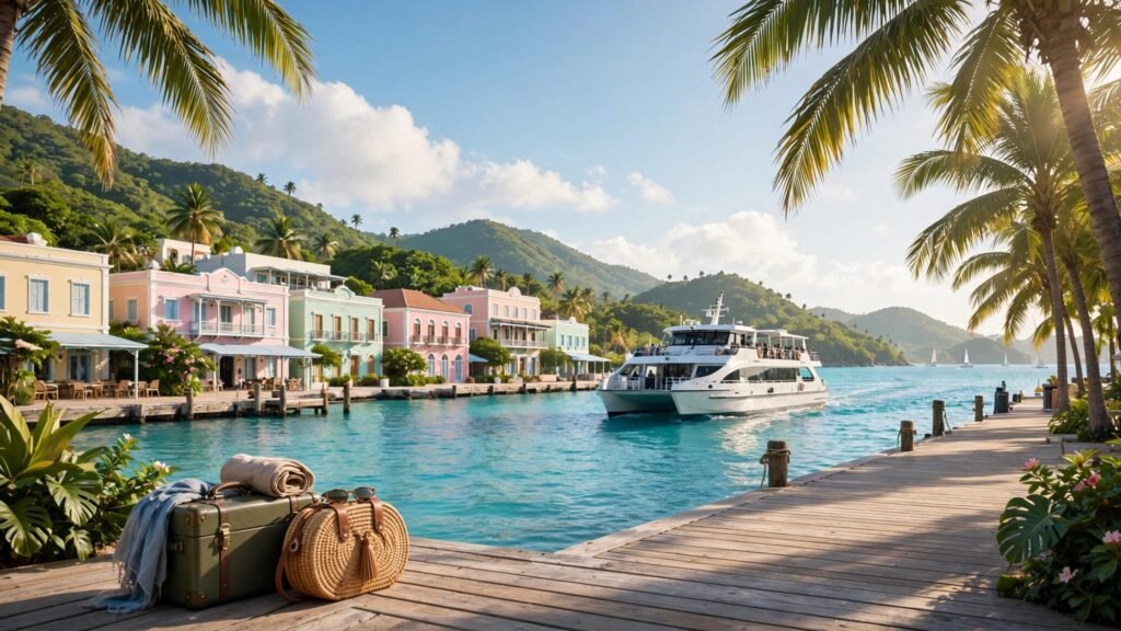 A ferry departs a colorful Caribbean harbor beside a palm-lined waterfront.