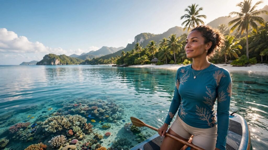 A woman paddleboards through clear Caribbean water beside a tropical island.