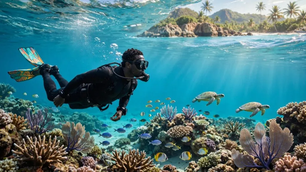 Scuba diver gliding over a coral reef with turtles and fish in clear Caribbean water.