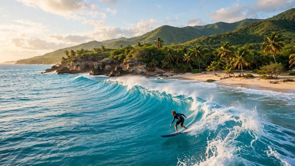 A surfer turns on a turquoise wave near a palm-lined Caribbean coast.