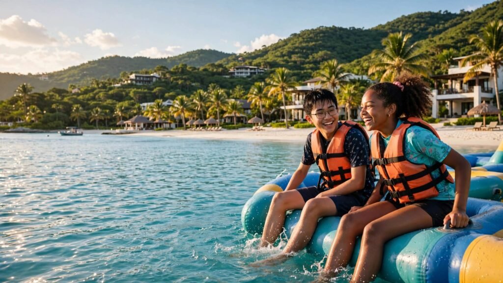 Two teens enjoy a floating aqua park at a Caribbean resort.